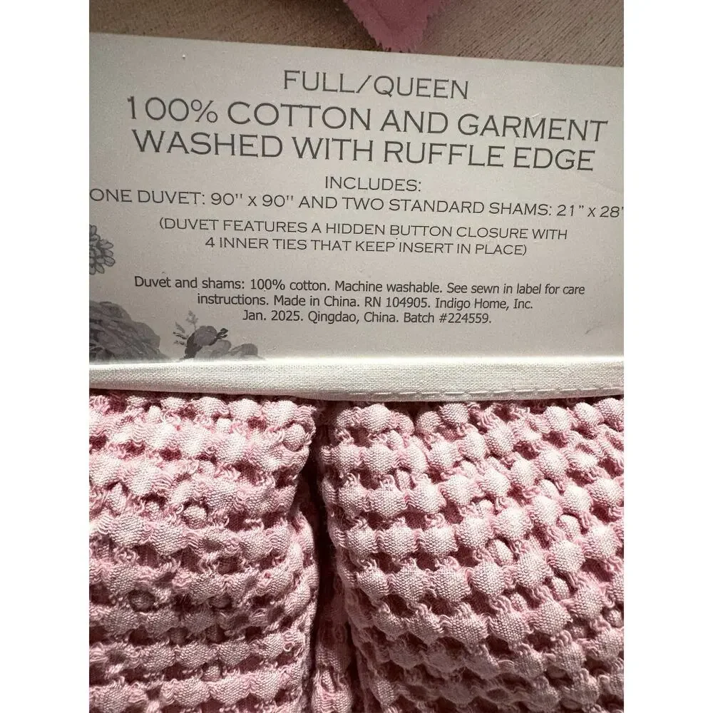 Shabby Chic All Cotton Woven Full Queen Size Duvet Cover Set Pink Garment Wash